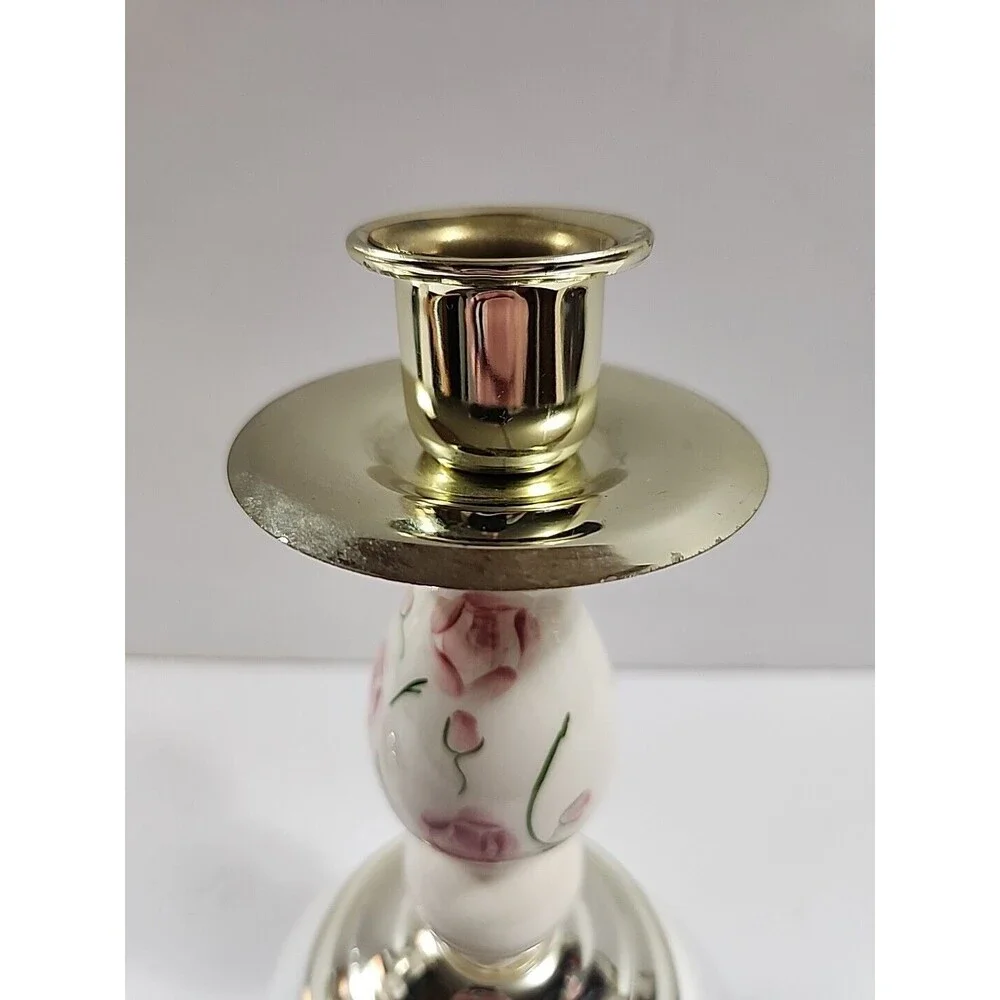 (2) Home Interiors Candle Holders Shabby Chic Pink Floral Gold Taper 7.5